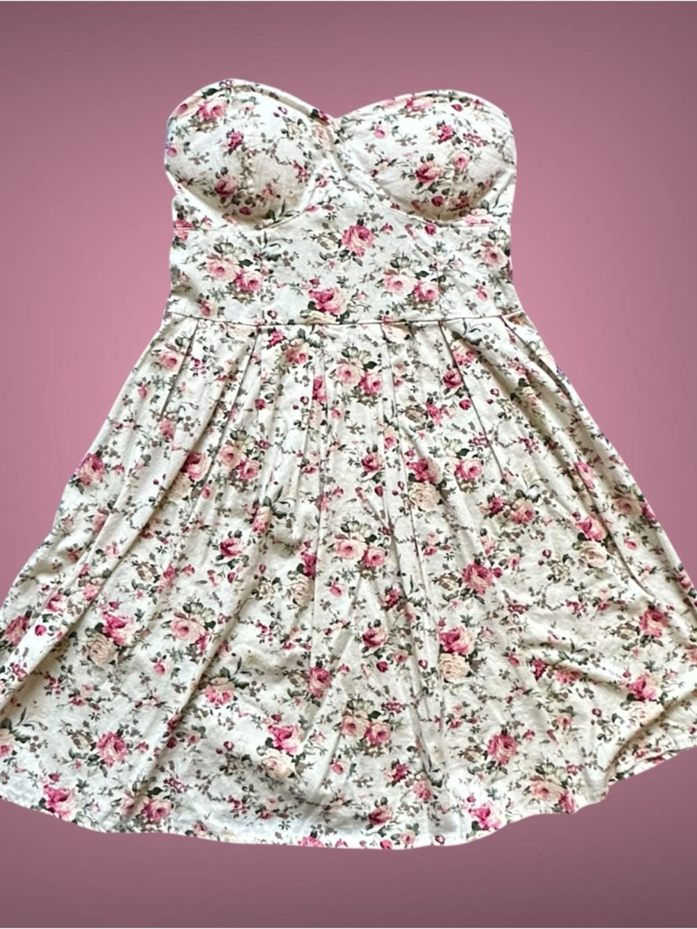 Rue 21 Floral Strapless Dress Small Sweetheart Neck Fit & Flare Pink Roses